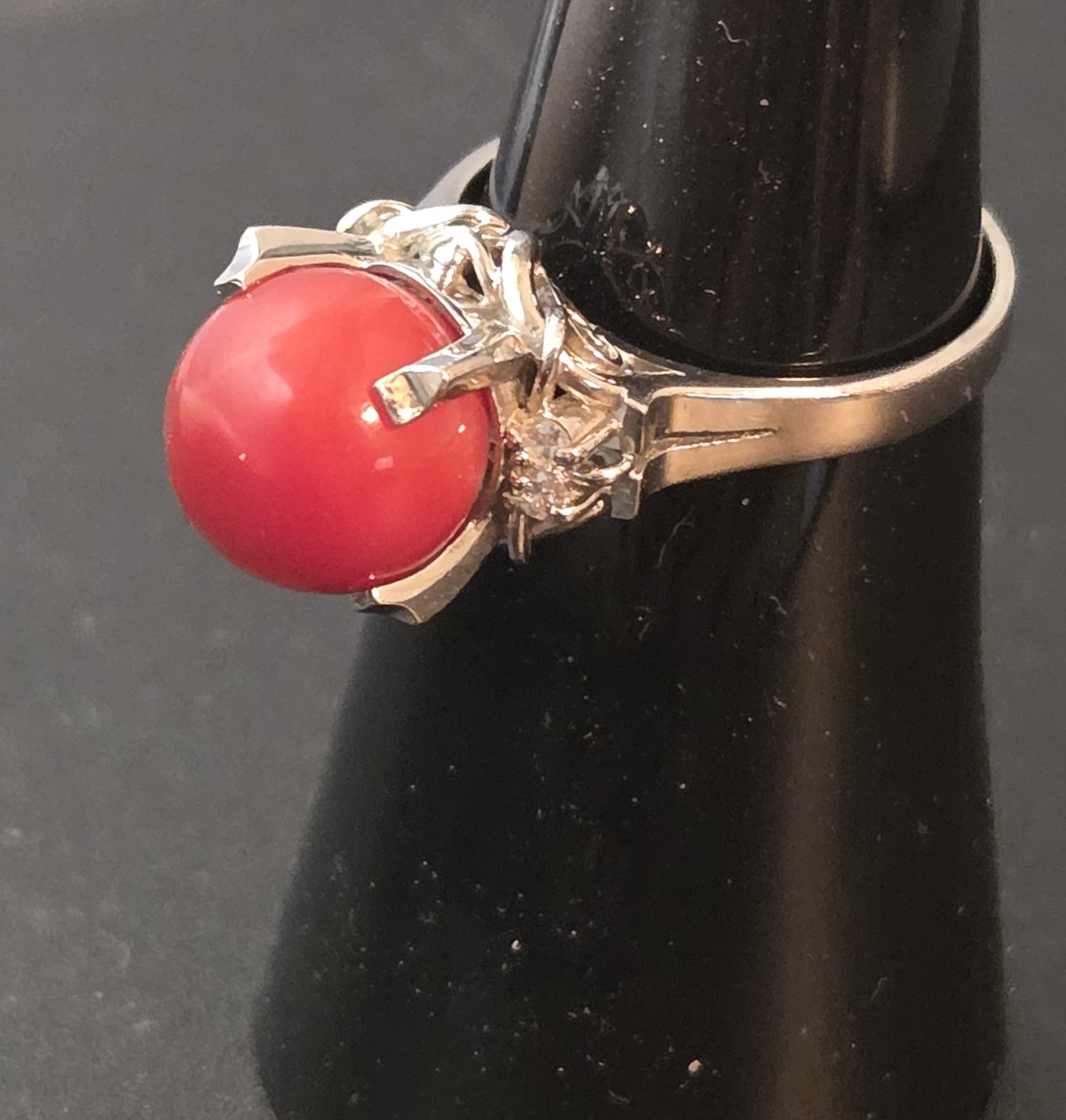 Antique 19th Century 900 Platinum Natural Coral & Diamonds Ring Sz 5-3/4