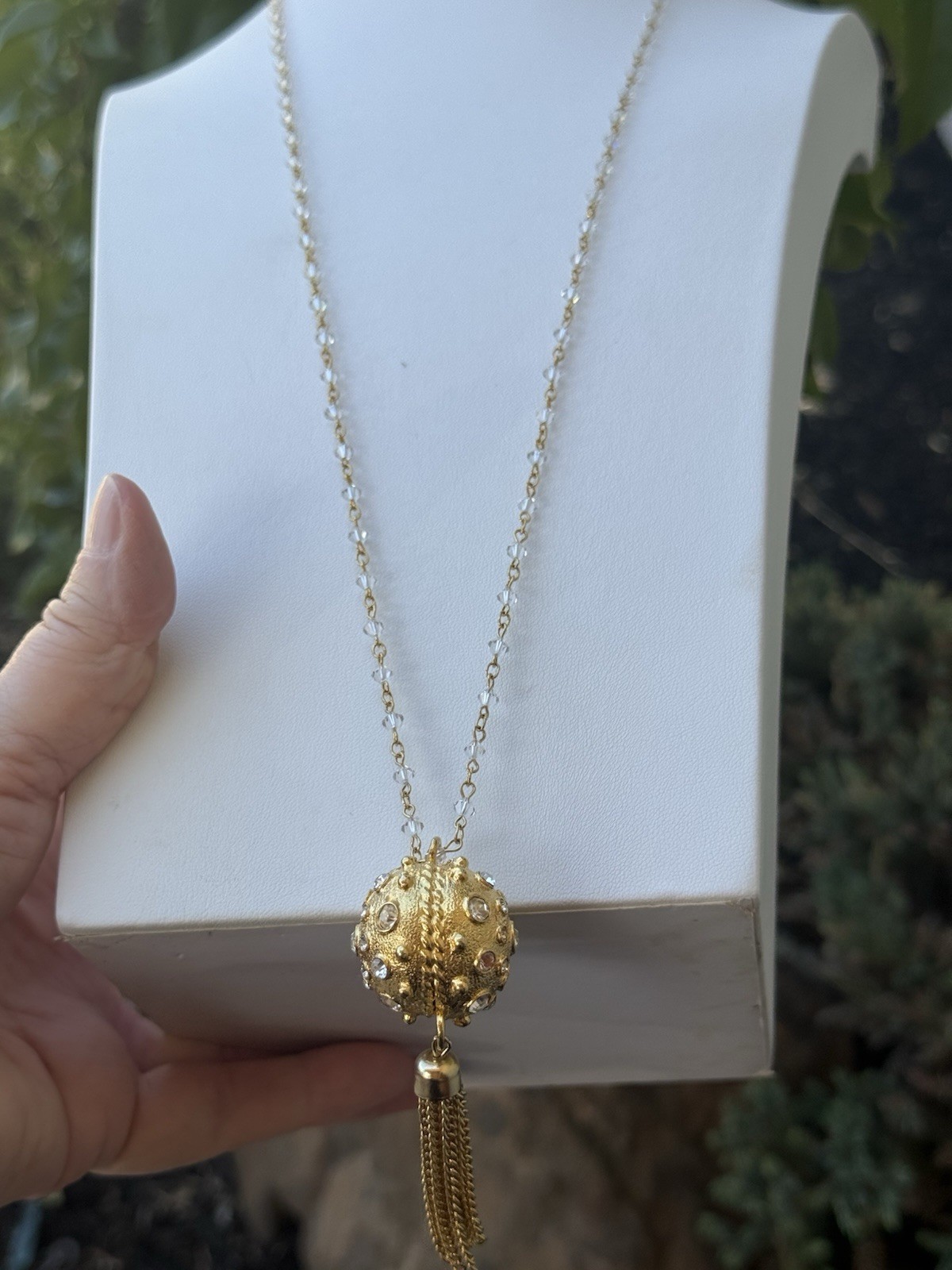 Vintage Austrian Crystal USA Gold Tone Ball Tassel Fringe Pendant & Necklace