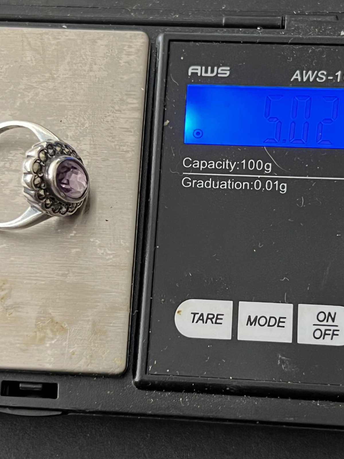 Vintage 925 Sterling Silver Marcasite & Amethyst Ring Stamped England SZ 6.75