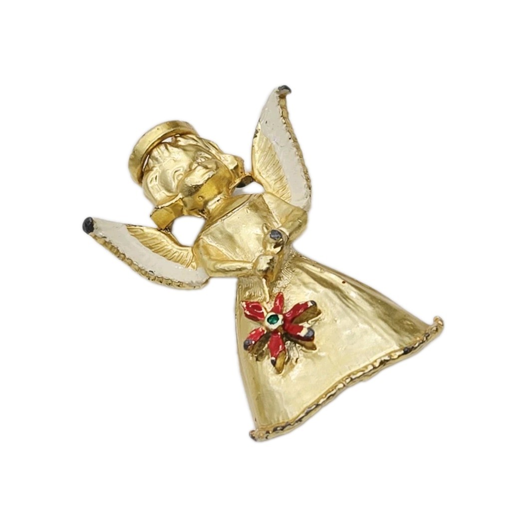 Angel Brooch Gold Tone Guardian Flower Pin with wings Victorian Vintage 1.75 in