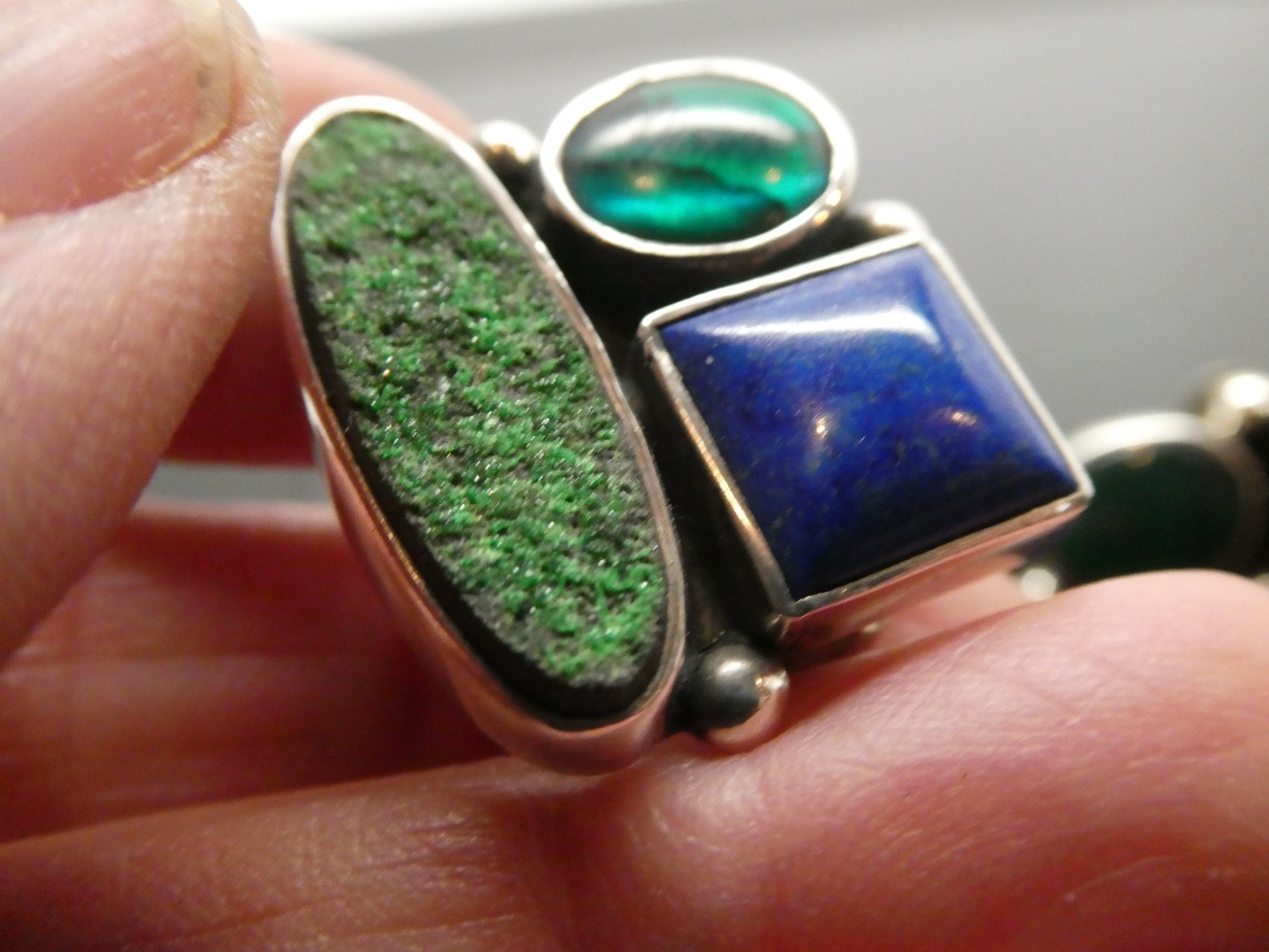 Amy Kahn Russell AKR Uvarovite Lapis Abalone Shell Sterling 925 Clip Earrings