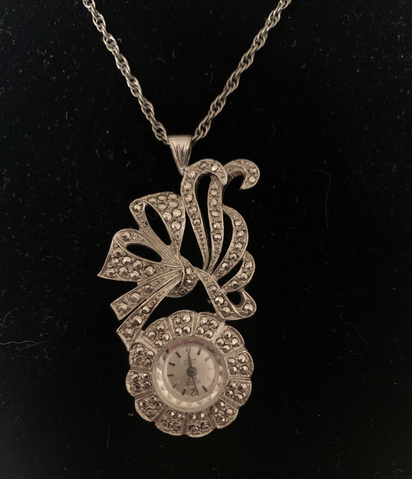 Vintage Hilton Watch Necklace 24.5” Pendant Manual Wind Marcasite Silver Tone