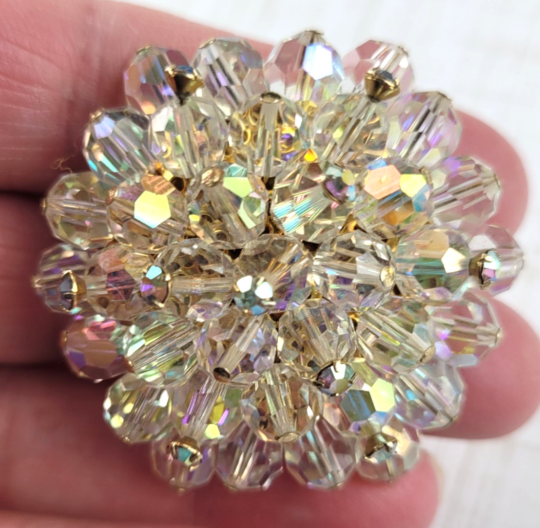Vintage AB Faceted Crystal Cluster Round Domed Beaded Brooch
