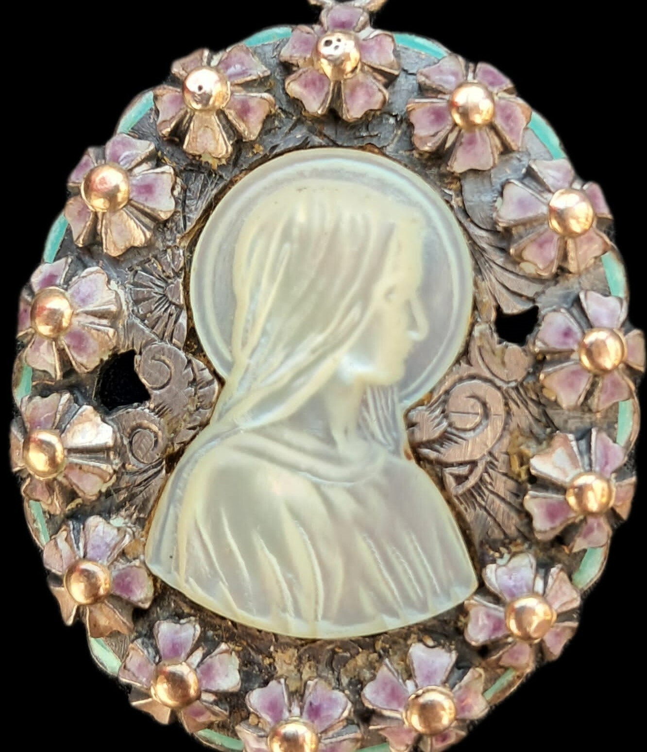 Fine Antique European Art Deco Gold Silver Enamel MOP Virgin Mary Pendant C1900