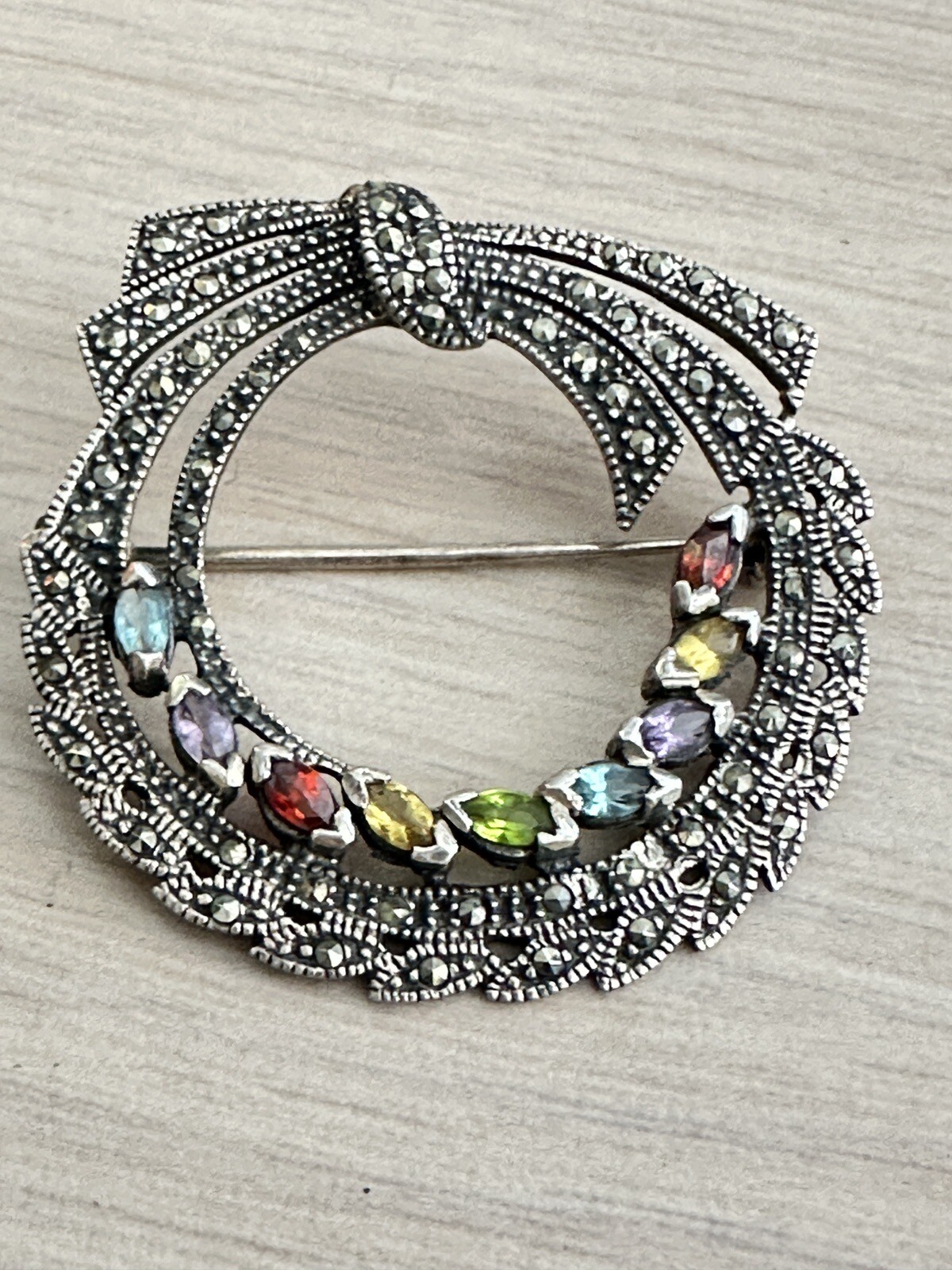 Sterling Silver Semi Precious Multicolor Stones and Marcasite Circle Bow Pin