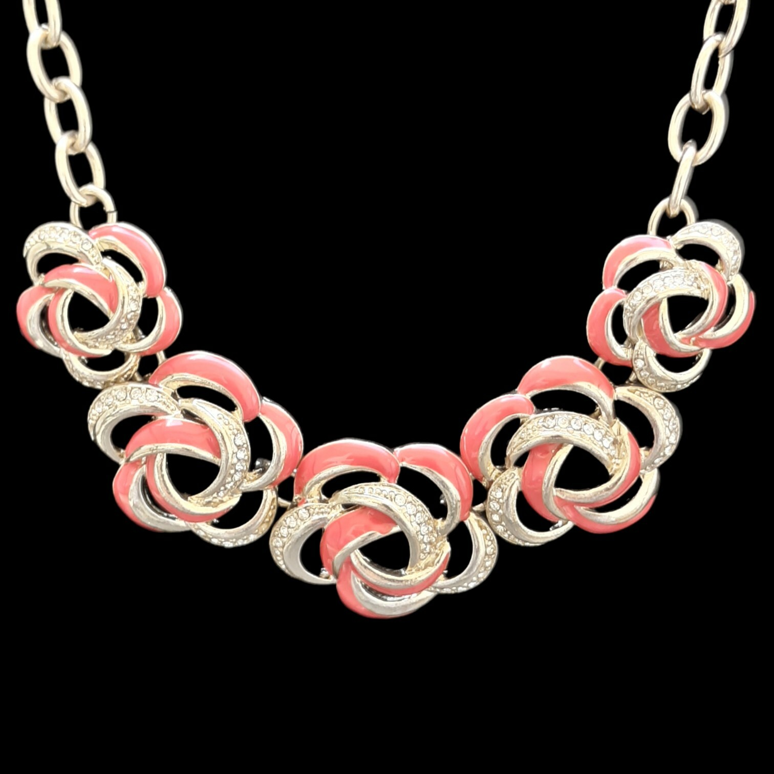 Pappagallo Salmon Color Rosette Rhinestones Stations Gold Tone Necklace READ*
