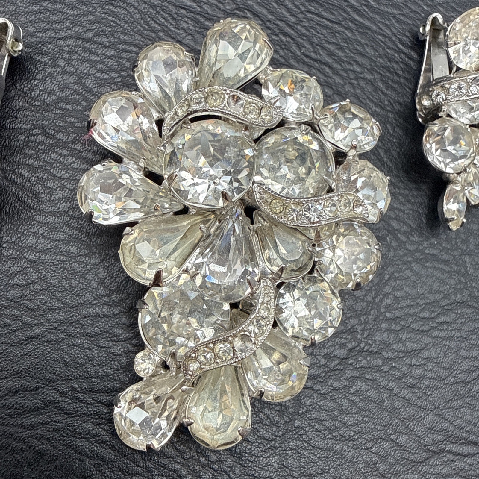 Vintage Eisenberg Ice Rhinestone Brooch and Clip On Earrings Set Signed