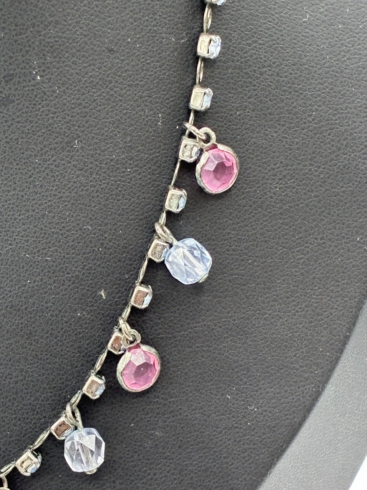 Vintage Rhinestone Chain Necklace Pink Clear Crystal Drops Gunmetal 16”