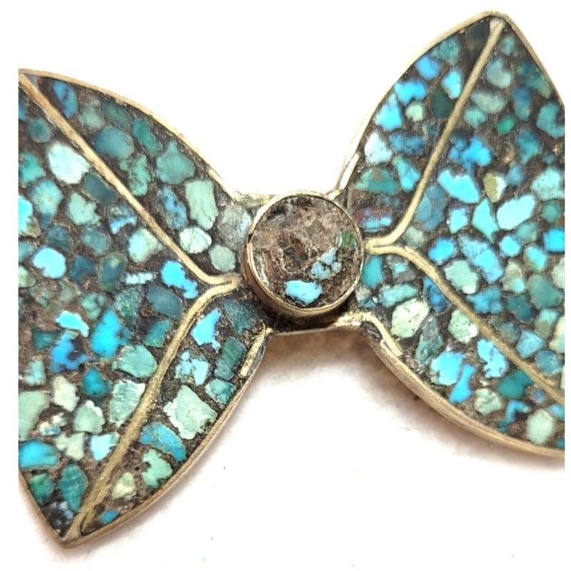 Vintage Mid Century N. India Turquoise Mosaic Chip Inlay Bow Brooch Southwestern