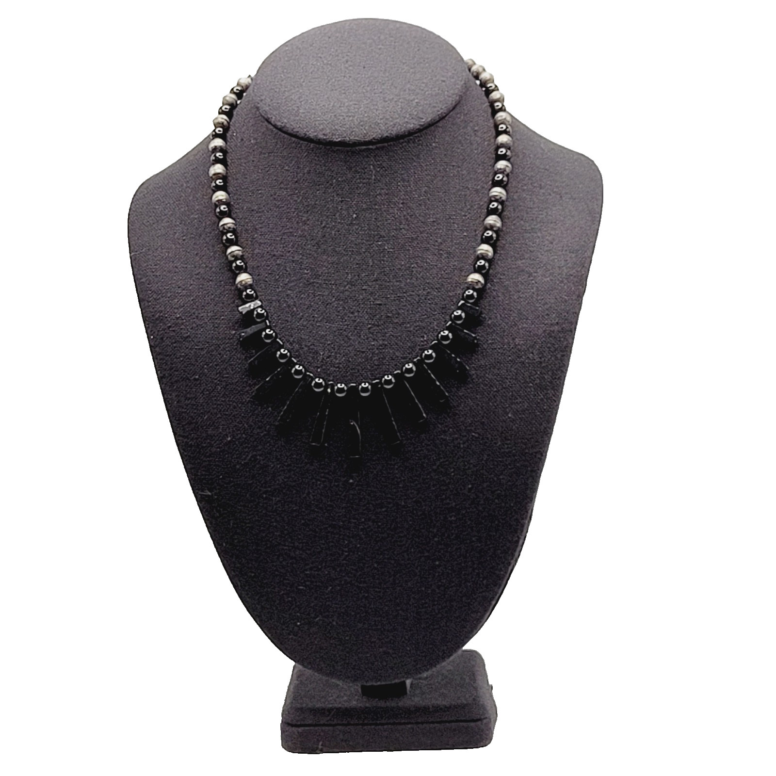 Southwestern Artisan Black Onyx Silver Tone Bead Bib Fringe Vtg Necklace 18 Inch
