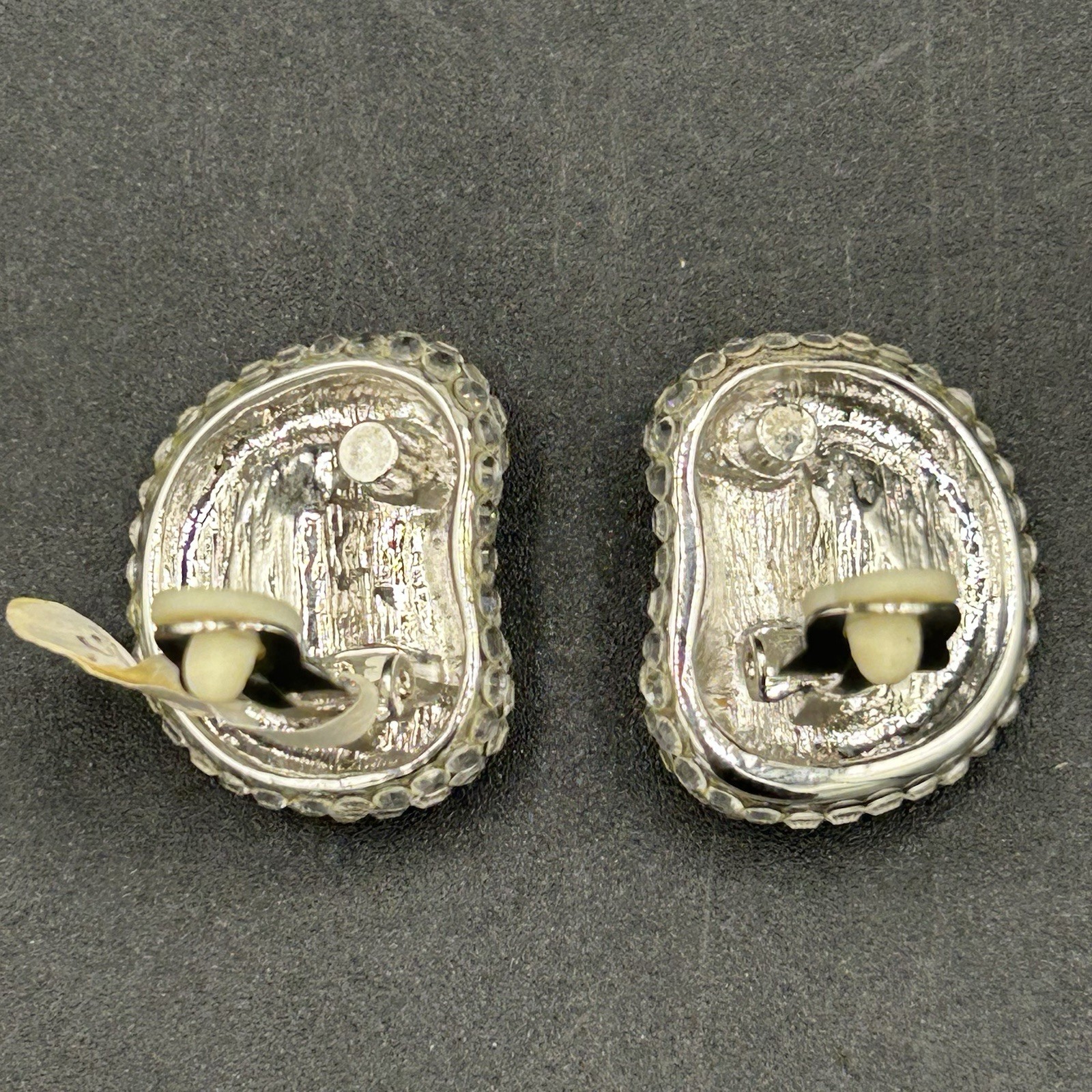 Vintage 80s 90s Rhinestone Clip On Earrings Silver Tone Clear Pave NOS