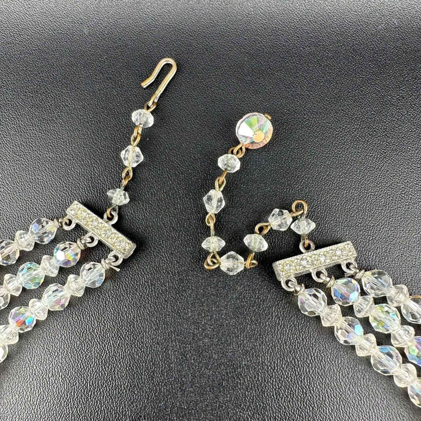 Vintage Aurora Borealis Necklace Crystal Faceted Three Strand Adjustable Hook