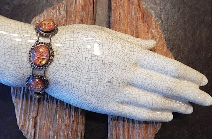 Vintage JOY MEX 925 Sterling Silver Dragons Breath Cabochon Link Bracelet K2