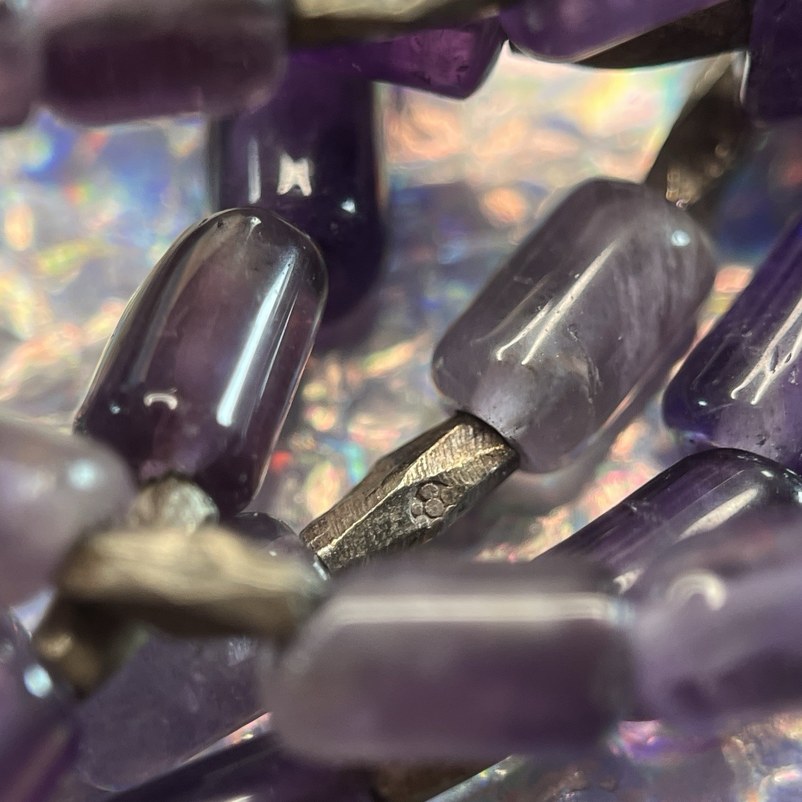 Vintage Multi Strand Amethyst Bead Sterling Box Clasp Bracelet 6.5″