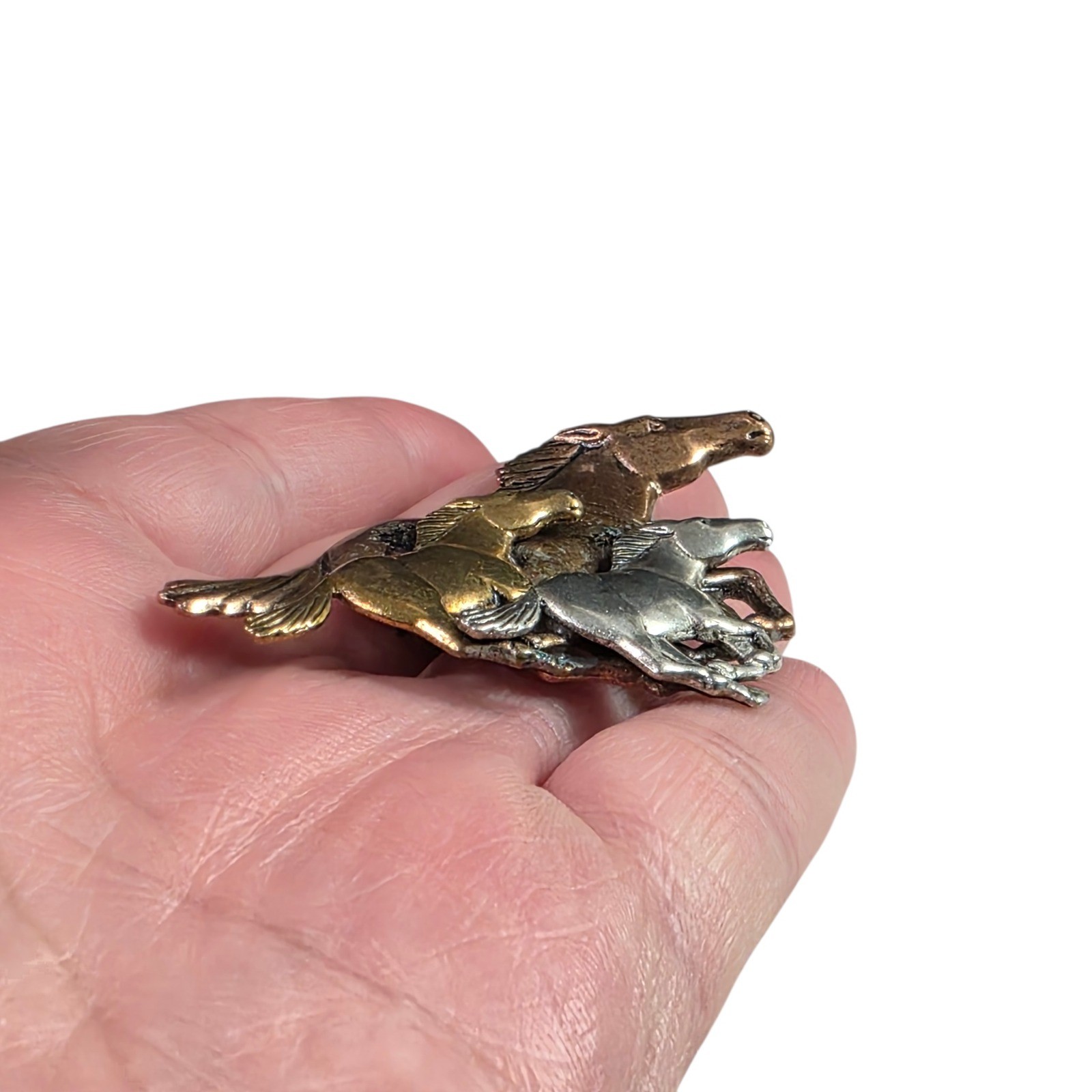 Vintage Tri Metal Running Horses Brooch Pin Equestrian Boho Southwestern
