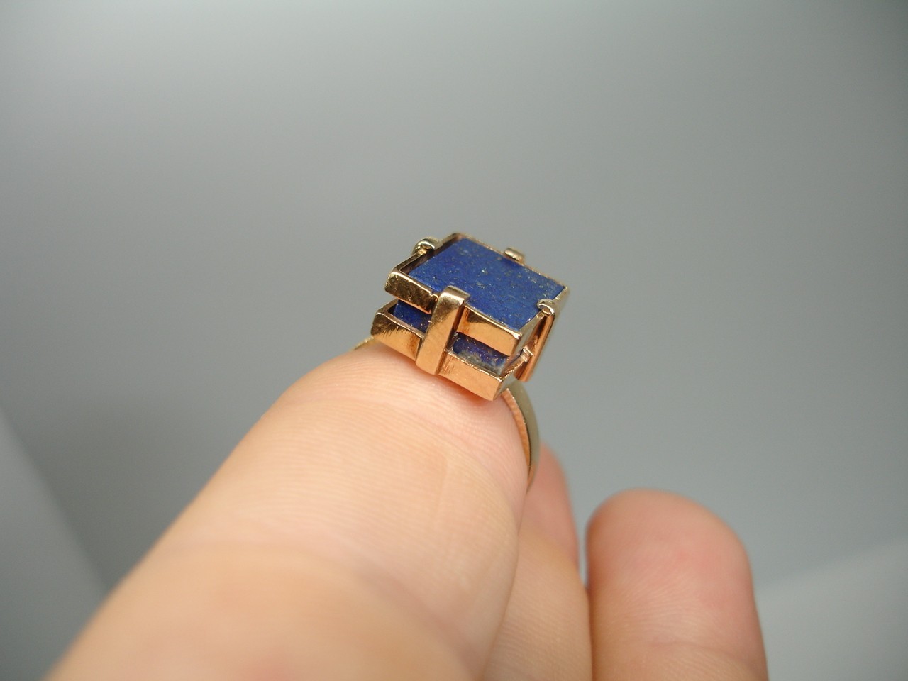 14K Gold Lapis Lazuli Signet Statement Ring Mid Century Deco two-tiered square 7