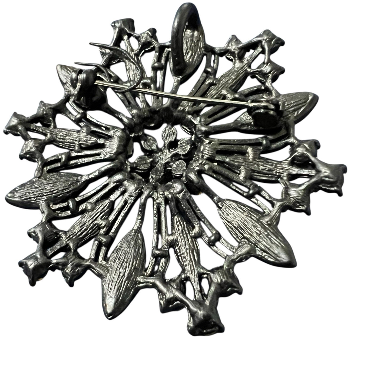 Vintage Black Spiral Starburst Metal Brooch/Pendant W/ Clear Sparkly Stones NWT