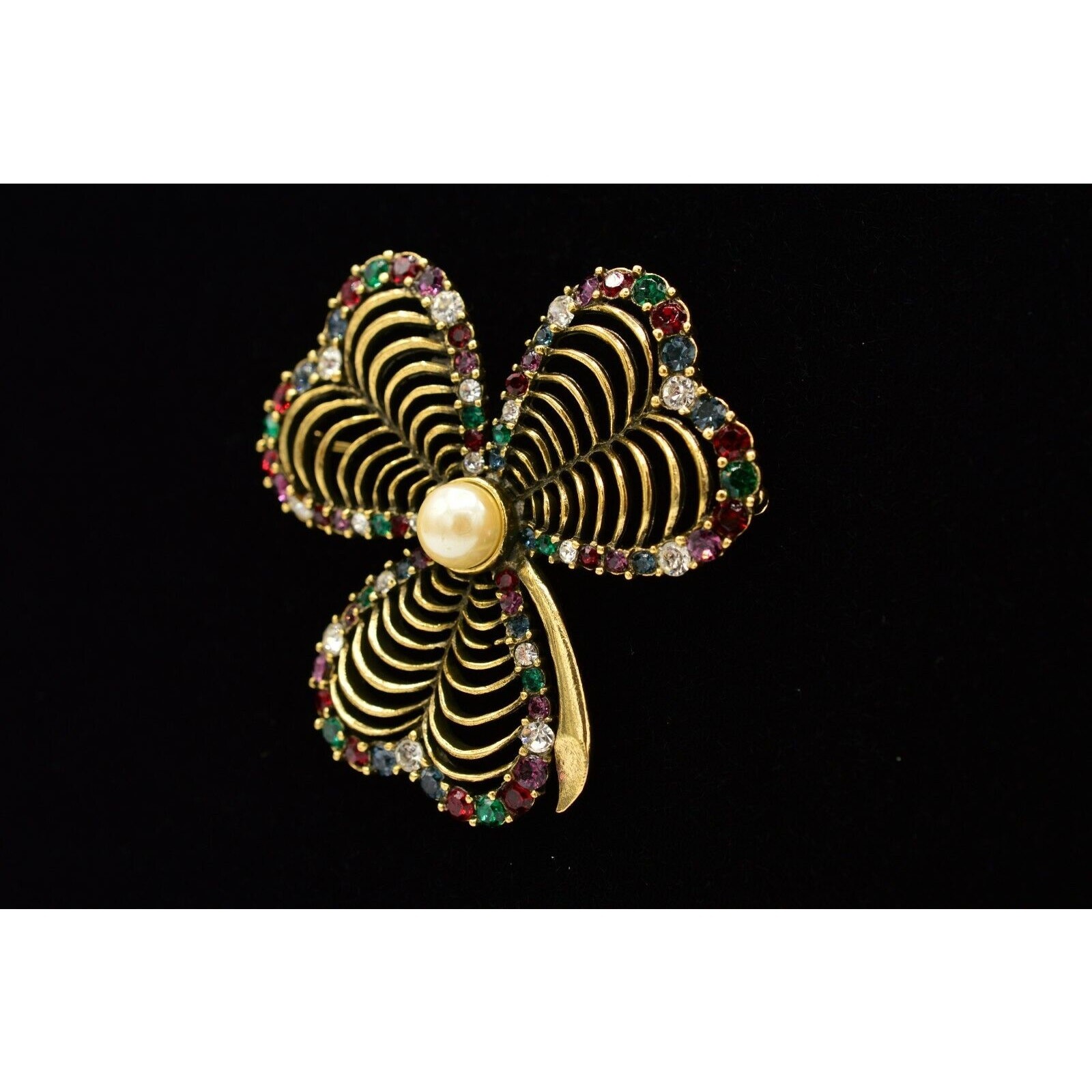 Vintage Crystal Clover Pin Brooch Antiqued Gold Red Green Chunky 1980s Bin5