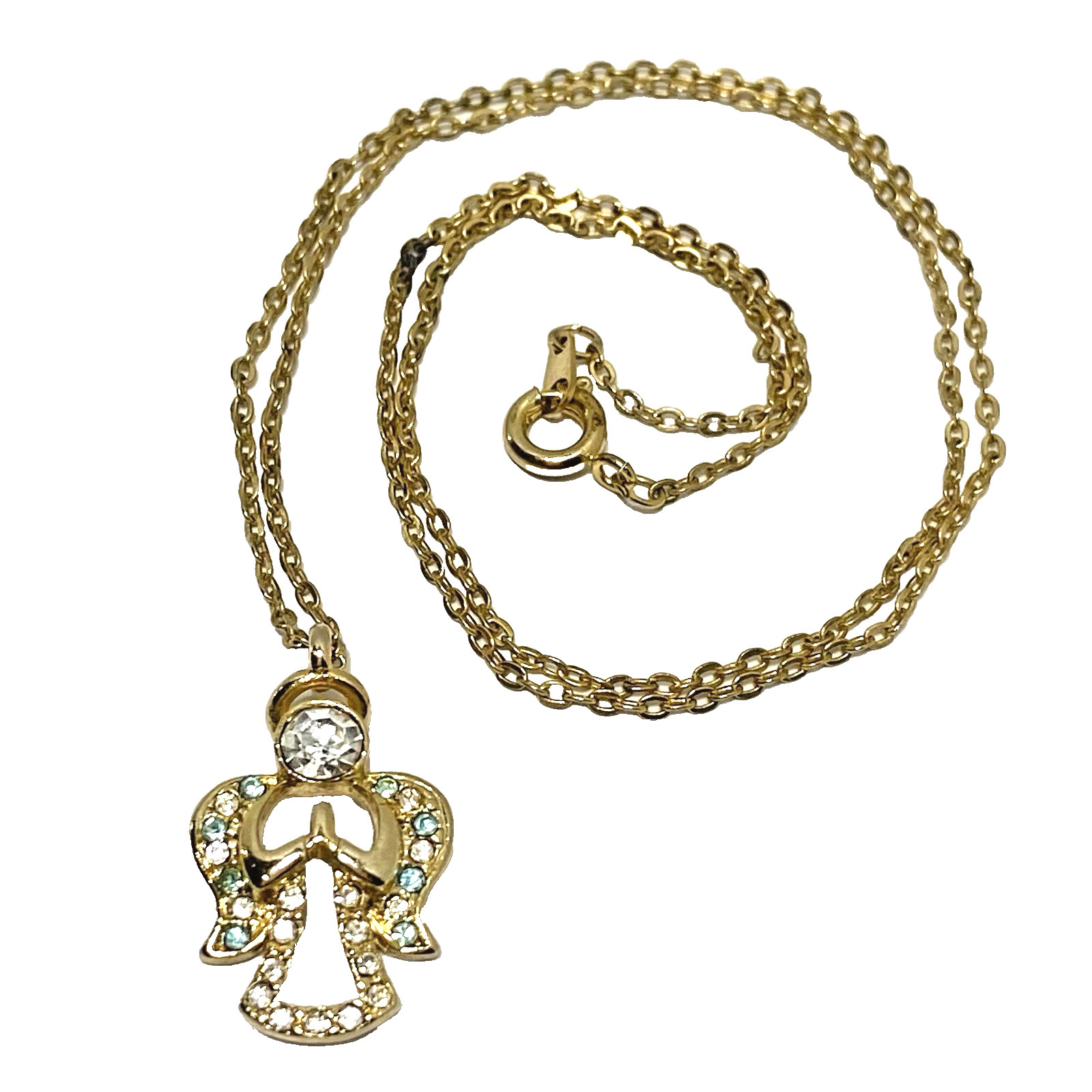 VTG 1980s DANBURY MINT Sky Blue Rhinestone Angel Necklace 18″ Gold Tone w/ Pouch