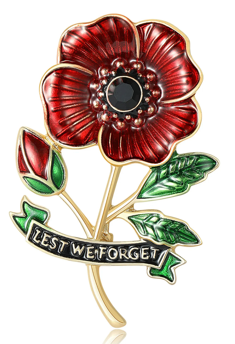 Red Poppy Memorial Remembrance Lest We Forget Rhinestone Brooch *New*