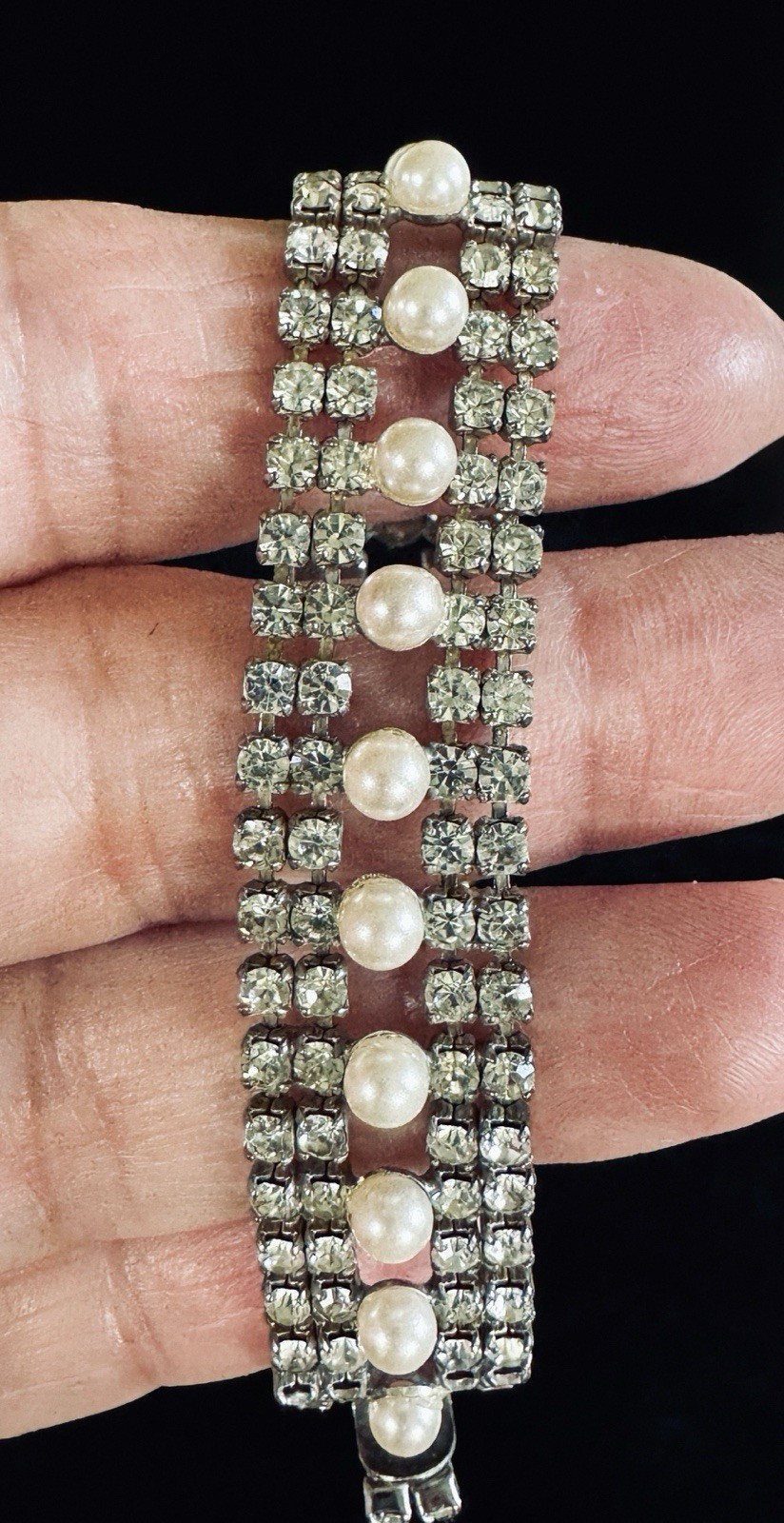 Vintage Multi Strand Clear Round Rhinestones and Faux Pearls Bracelet Box Clasp