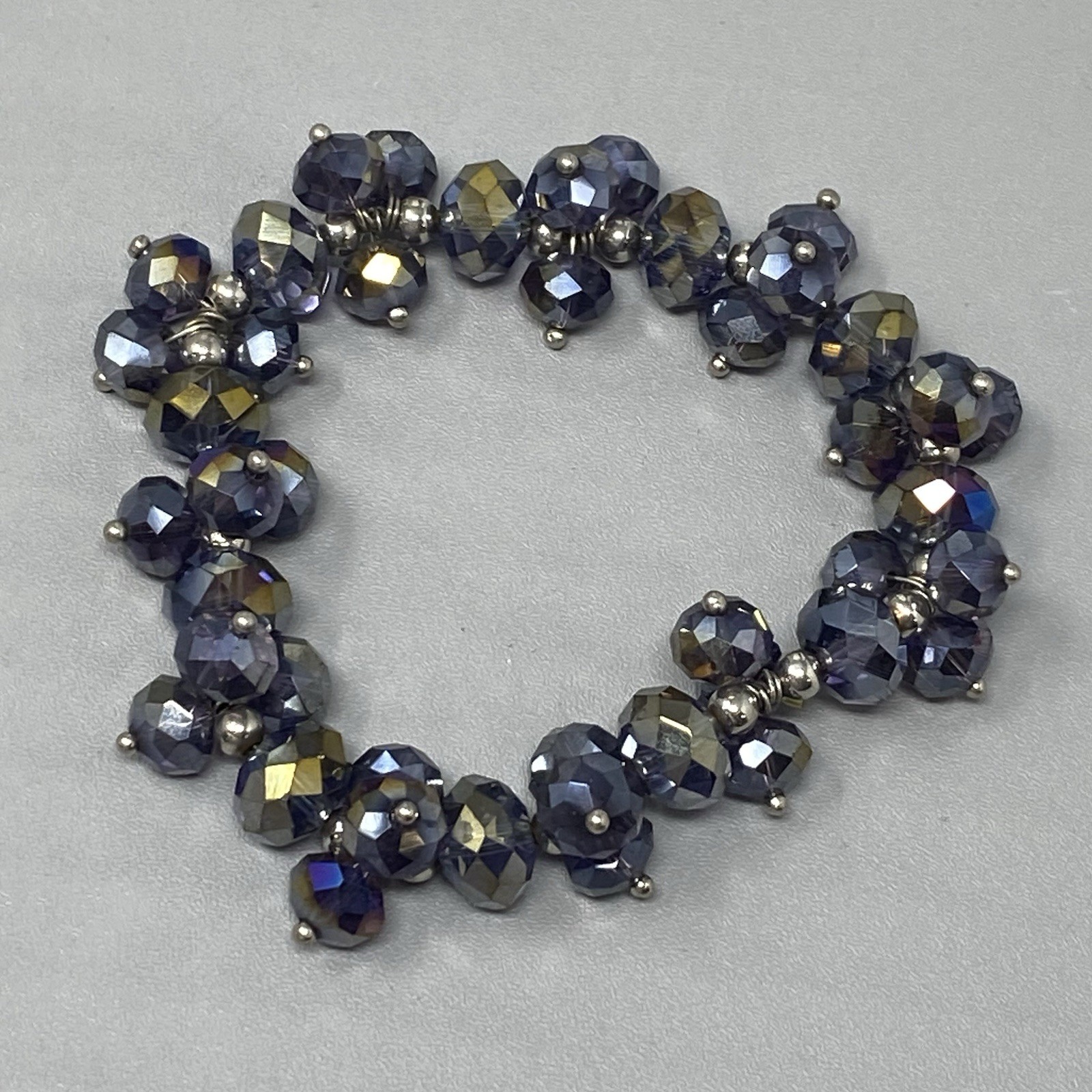 Metallic Coated Glass Beaded Bracelet Stretch Peacock Oil Slick Blue Purple 6.75