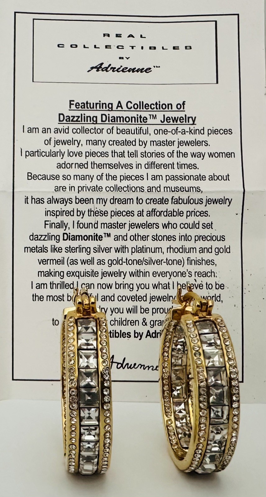 REAL COLLECTIBLES BY ADRIENNE Gold Tone Rhinestone Round Earrings 1”