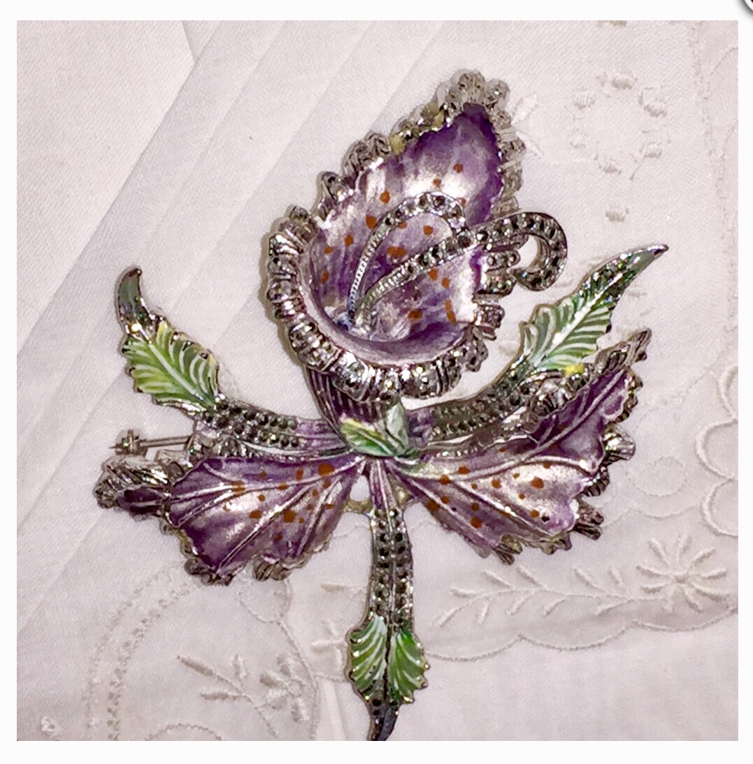 Orchid Brooch Silver Enamel Marcasite Rhodium Lilac Flower Vtg Antique Art Deco