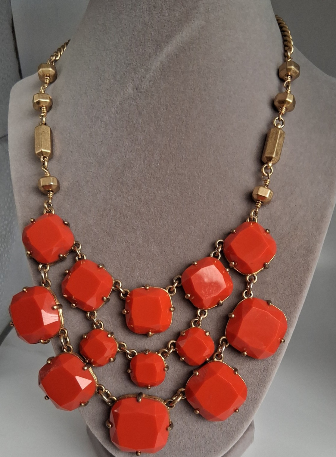 Vintage Stella & Dot Orange Bib Gold tone Bib Statement Layered Necklace 16-20″