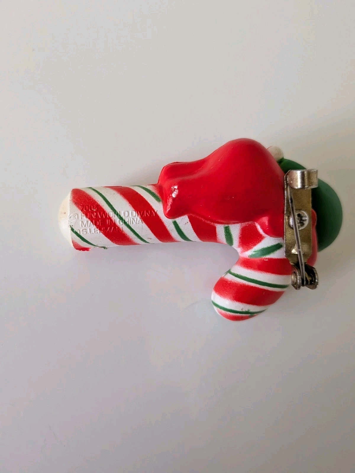 Vintage Fun World Panda On Candy Cane Pin Brooch Frosty Plastic Christmas 2”