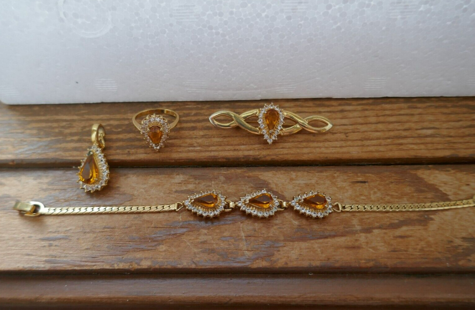 VTG Lot GP Set Citrine & Clear CZ Bracelet Pendant Necklace Enhancer Brooch Ring