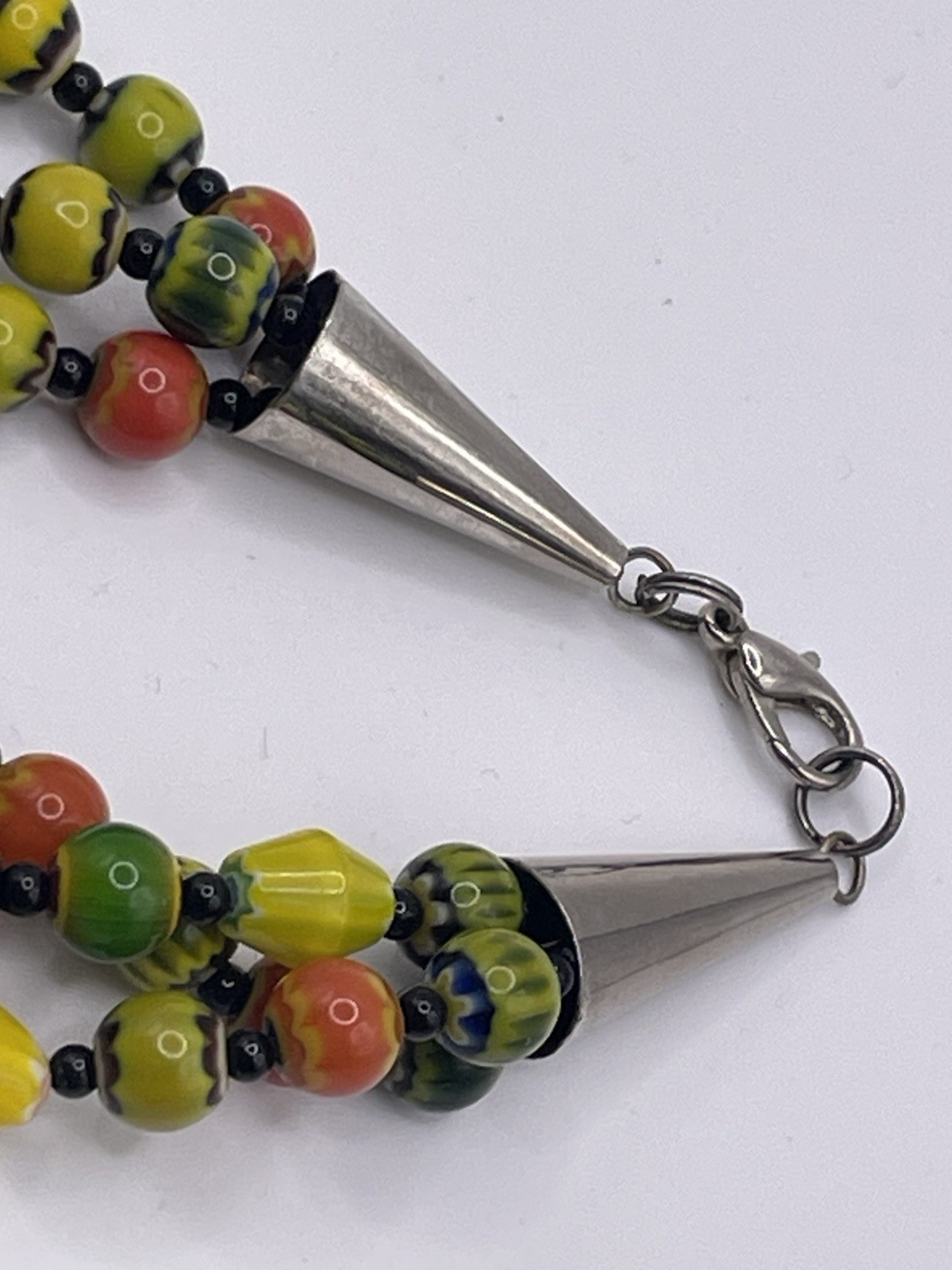 Vintage Glass Chevron Beads Three Strands Multicolor Silver Tone 19 3/4″