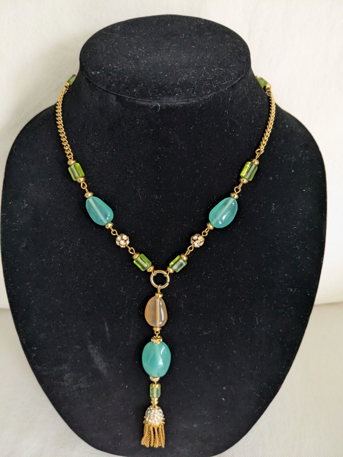Kenneth Jay Lane Signed KJL Lucite Rhinestone Gold Tone Y-Necklace with Tassel