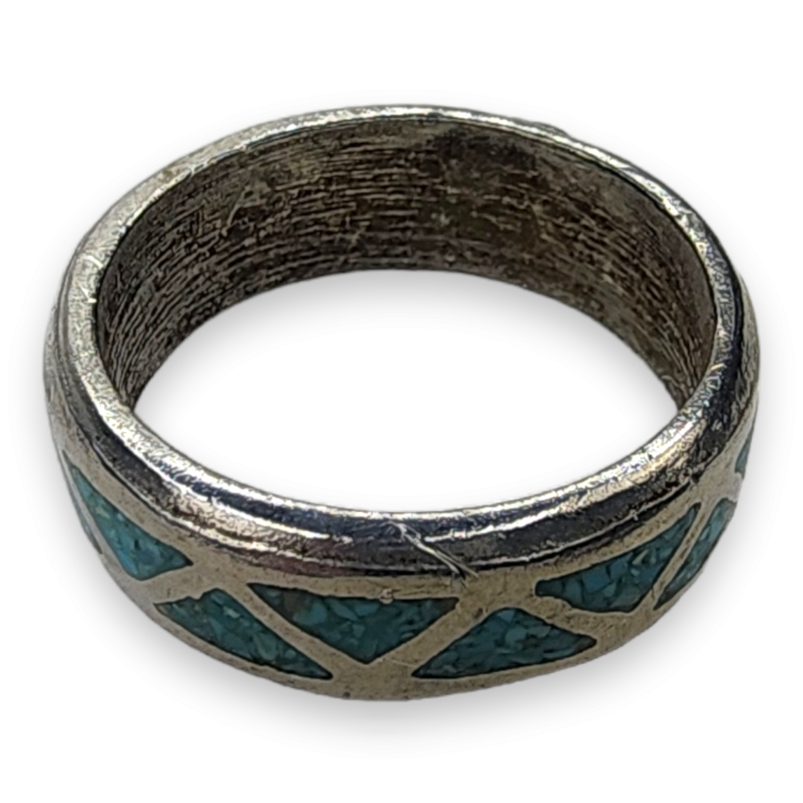 Vintage Southwestern Souvenir Nickel Silver Turquoise Chip Inlay Ring Size 10.5