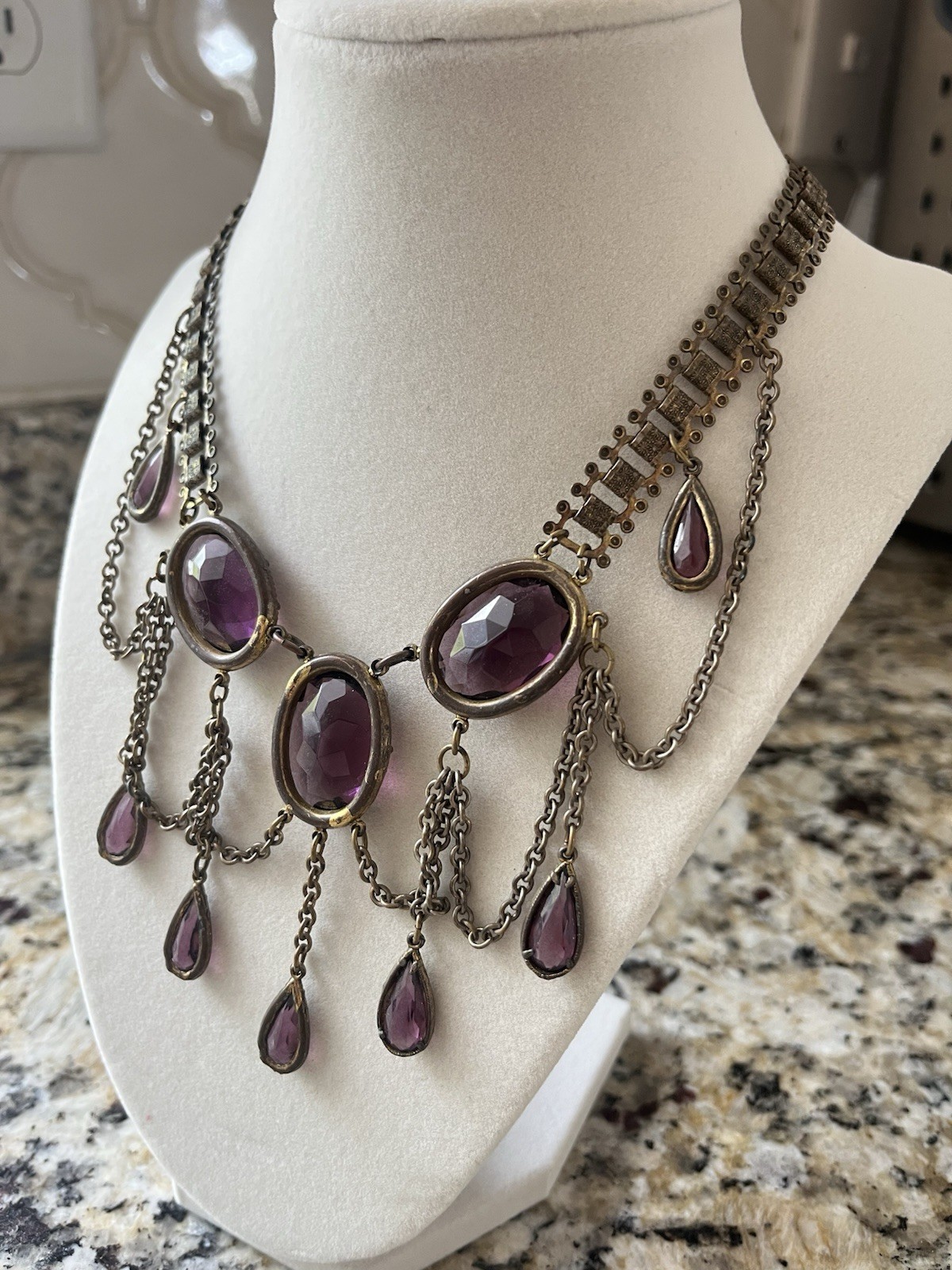 Amazing Antique Billowing Amethyst Colored Stones Bib Collar Necklace