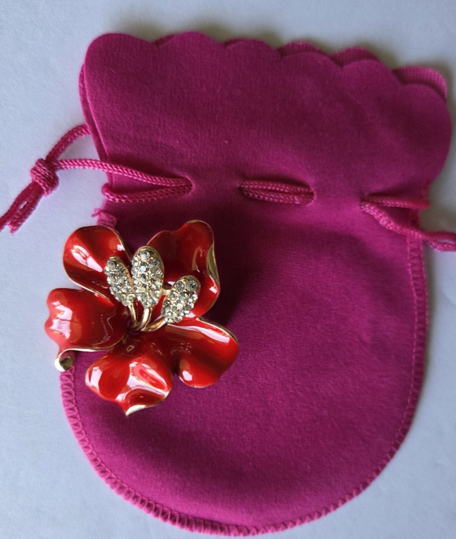 Red Hibiscus Flower Brooch Rhinestone Gold Tone Tropical Cuba Pink Gift Pouch