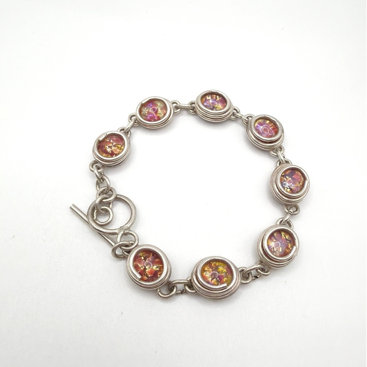 Sterling Silver Wired Bracelet and Colorful Glass Stones 7”