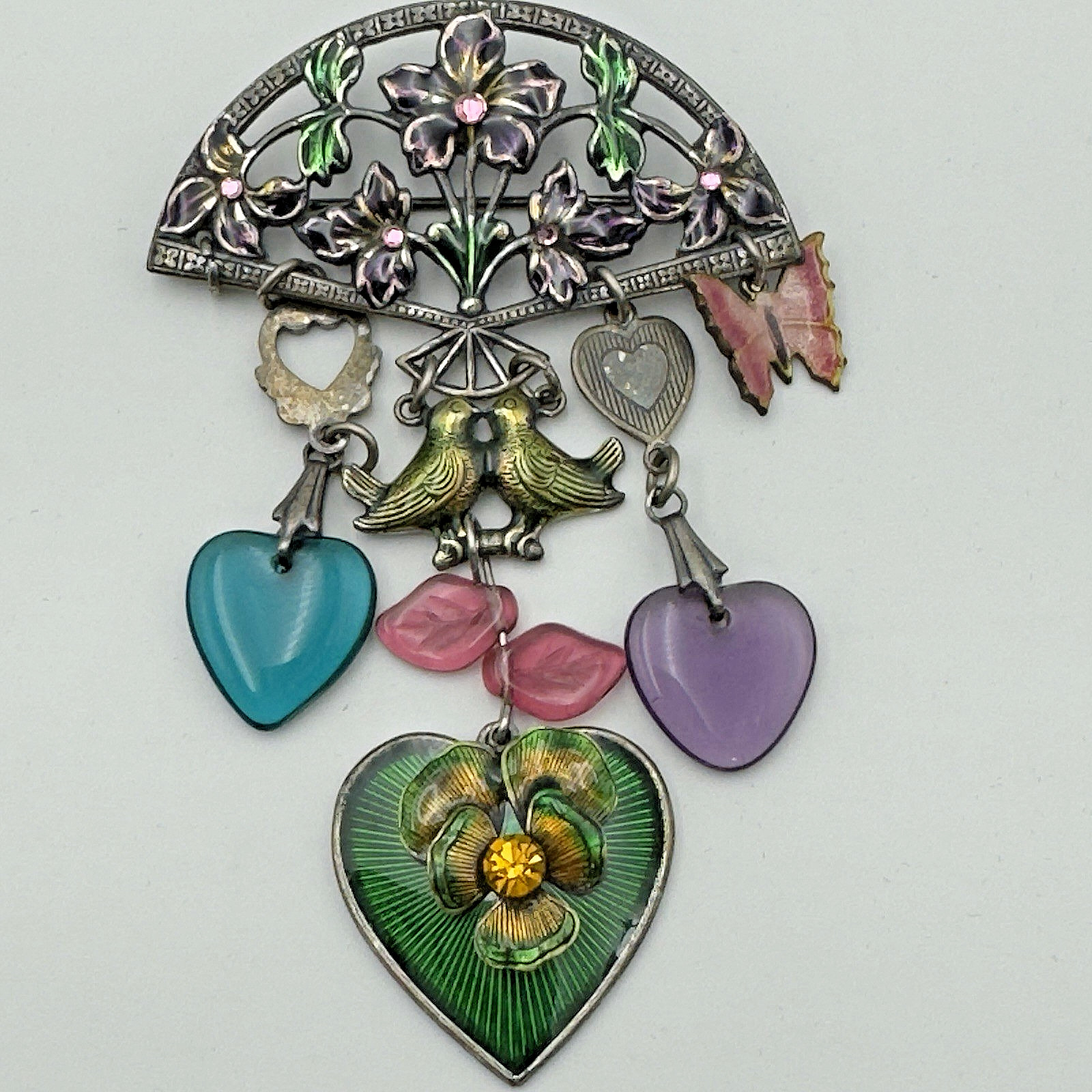 Glass Works Studio Dangling Victorian Charm Brooch Pin Heart Butterfly Birds Vtg