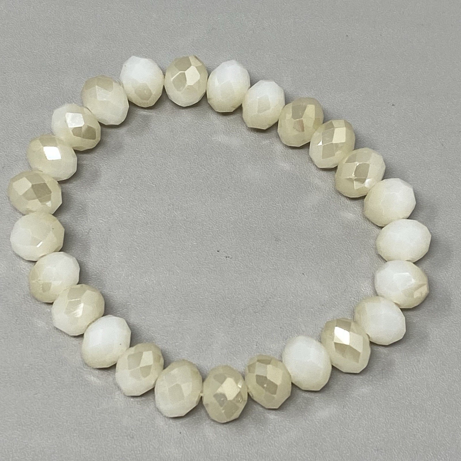 White Glass Beaded Bracelet Fire Polished Iridescent Faceted Stretch Elastic 7″