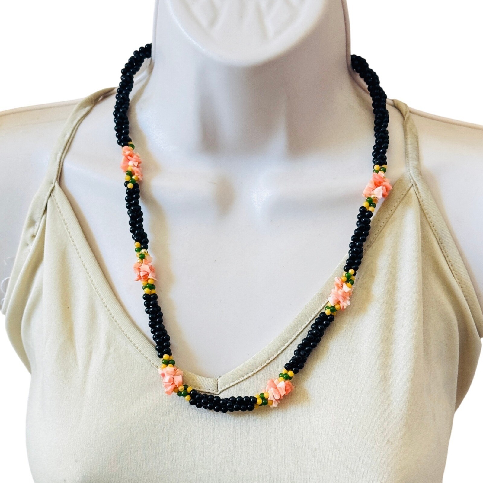 VTG Torsade Necklace Coral Onyx Jade Genuine Natural braided Beads Retro 70s 22″