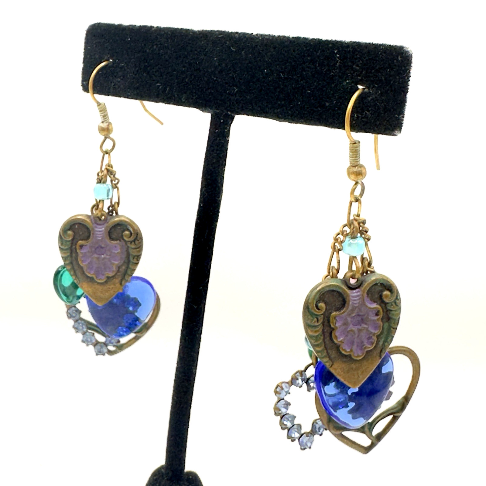 Vintage Glass Works Studio Brass tone HEART Glass Hook Earrings 2.75”
