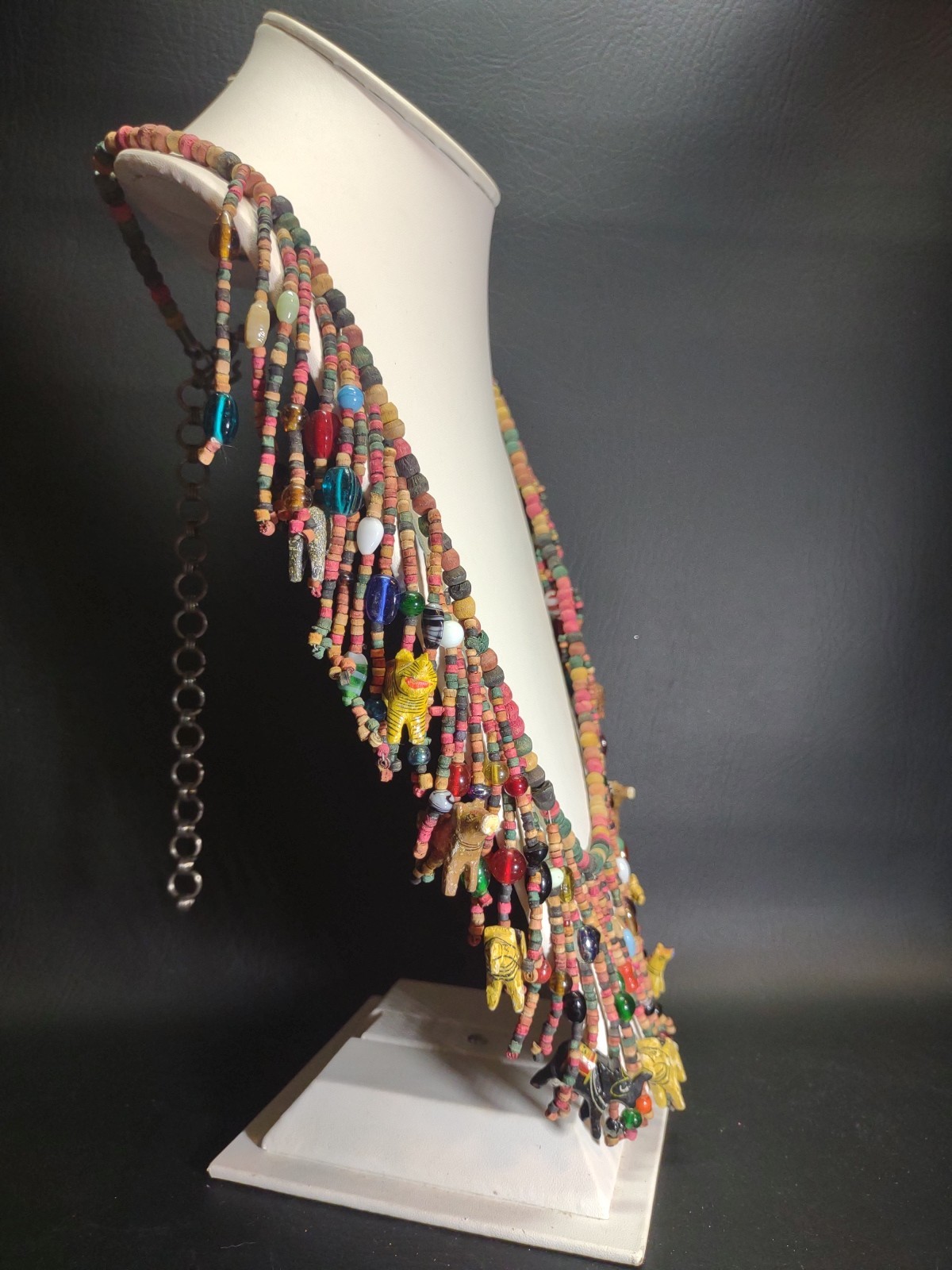 Vgt Africa Multi-Strand Drops Hand Carved Wood Animal Glass Beads Necklace Boho