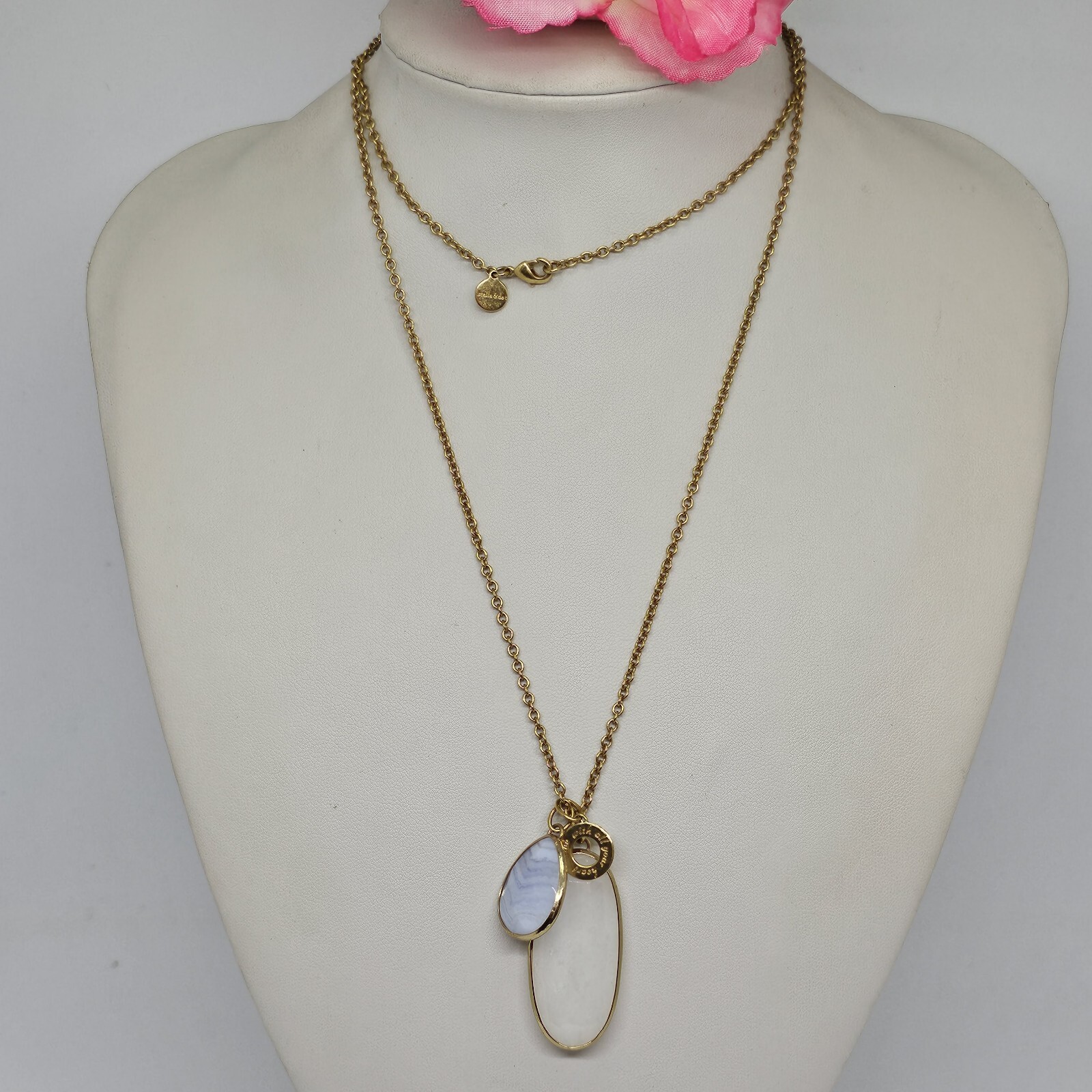 STELLA & DOT Gold Pink Blue Agate stone Charm Pendant Chain Necklace