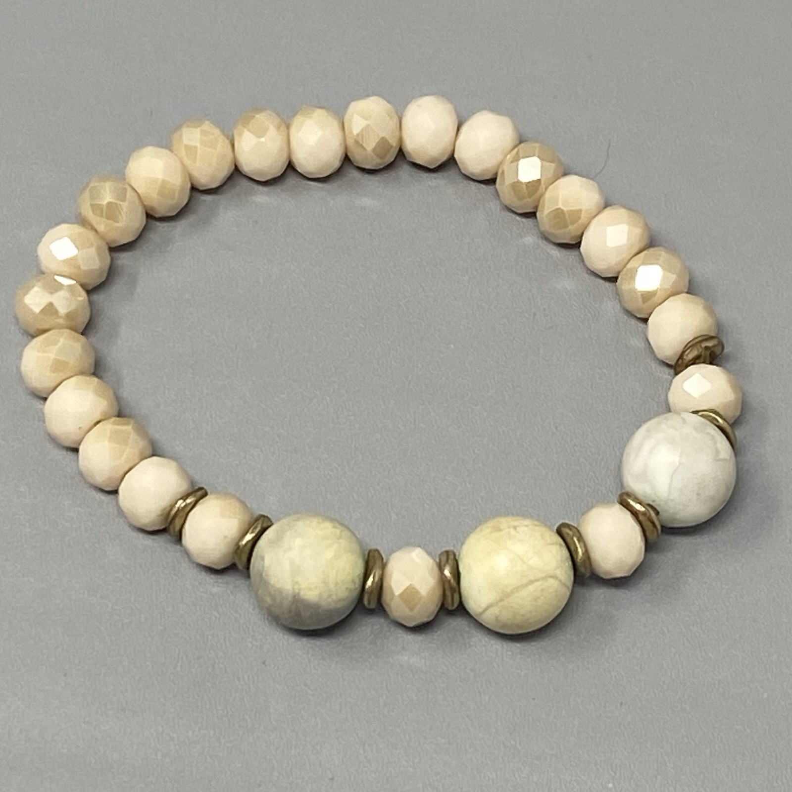 Stone Glass Bead Bracelet Cream Marble Gemstone Fire Polished Faceted Stretch 7″