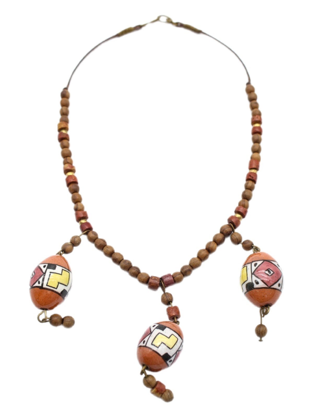 Vintage Tribal Style Hand Painted Ceramic & Wood Bead Statement Necklace