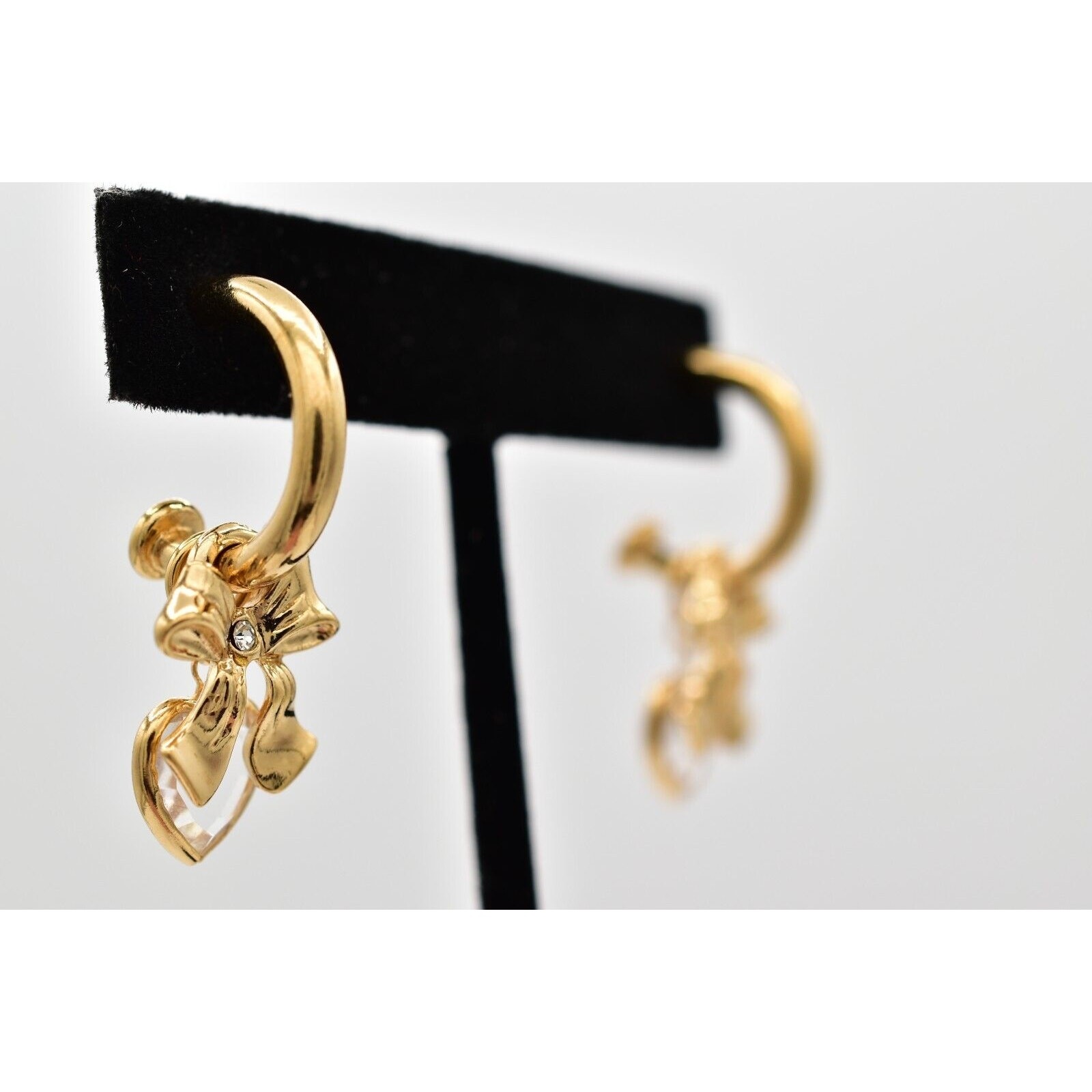 Vintage Hoop Charm Earrings Bow Crystal Bezel Heart Dangle Drop 1990s BinW