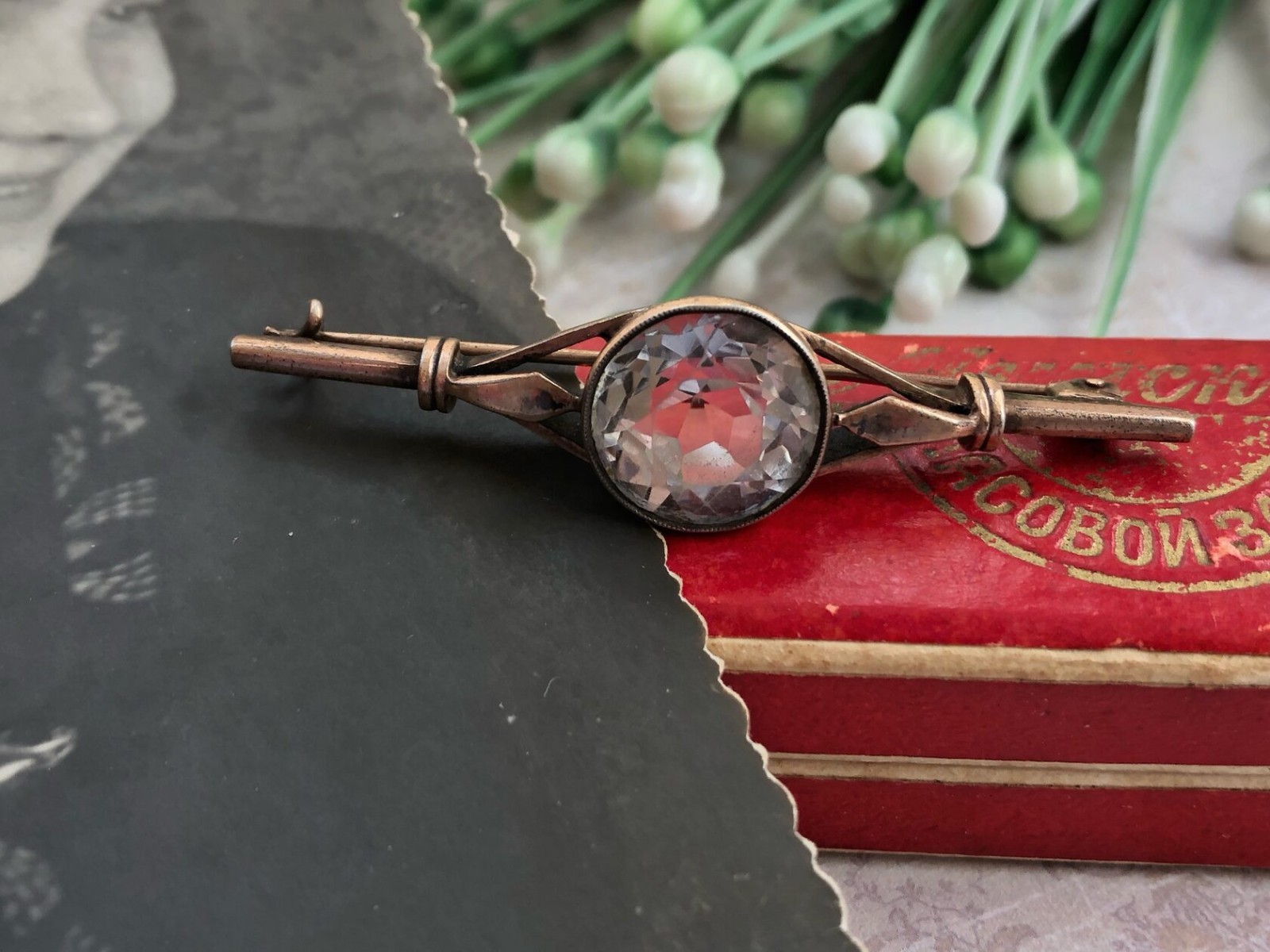 Estate Jewelry Soviet Vintage Brooch Gilt Sterling Silver 875 Rock Crystal USSR