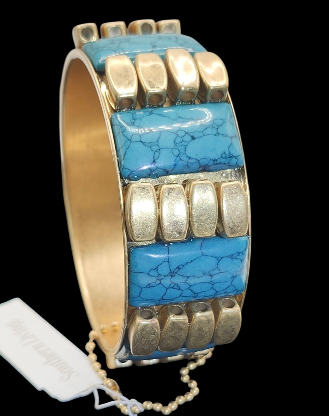 Vintage Brass & Faux Turquoise Bangle Bracelet 2.5″ Diameter Bold Statement Jewe