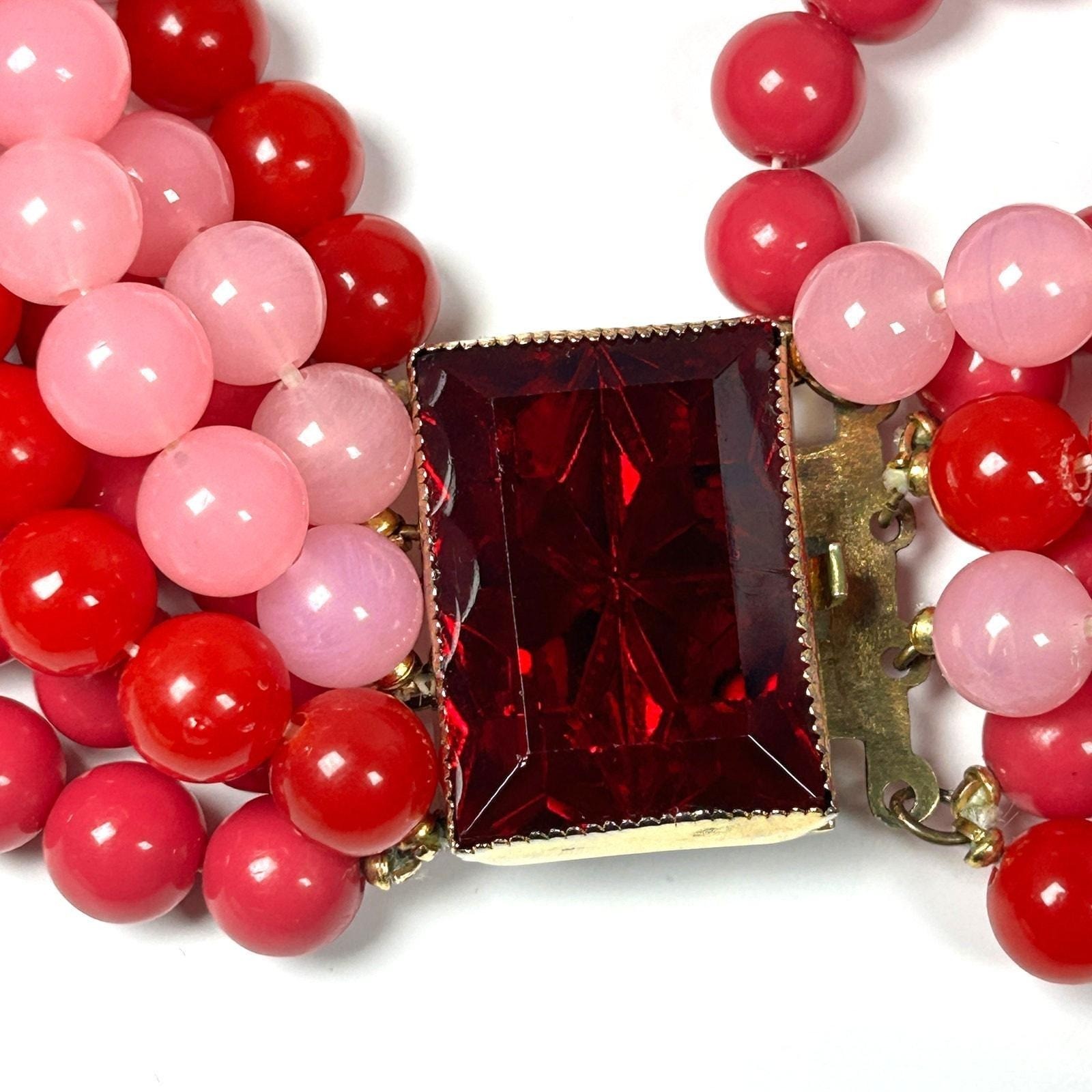 Hattie Carnegie Statement Bead Necklace Pink Red Multistrand 1950s Signed