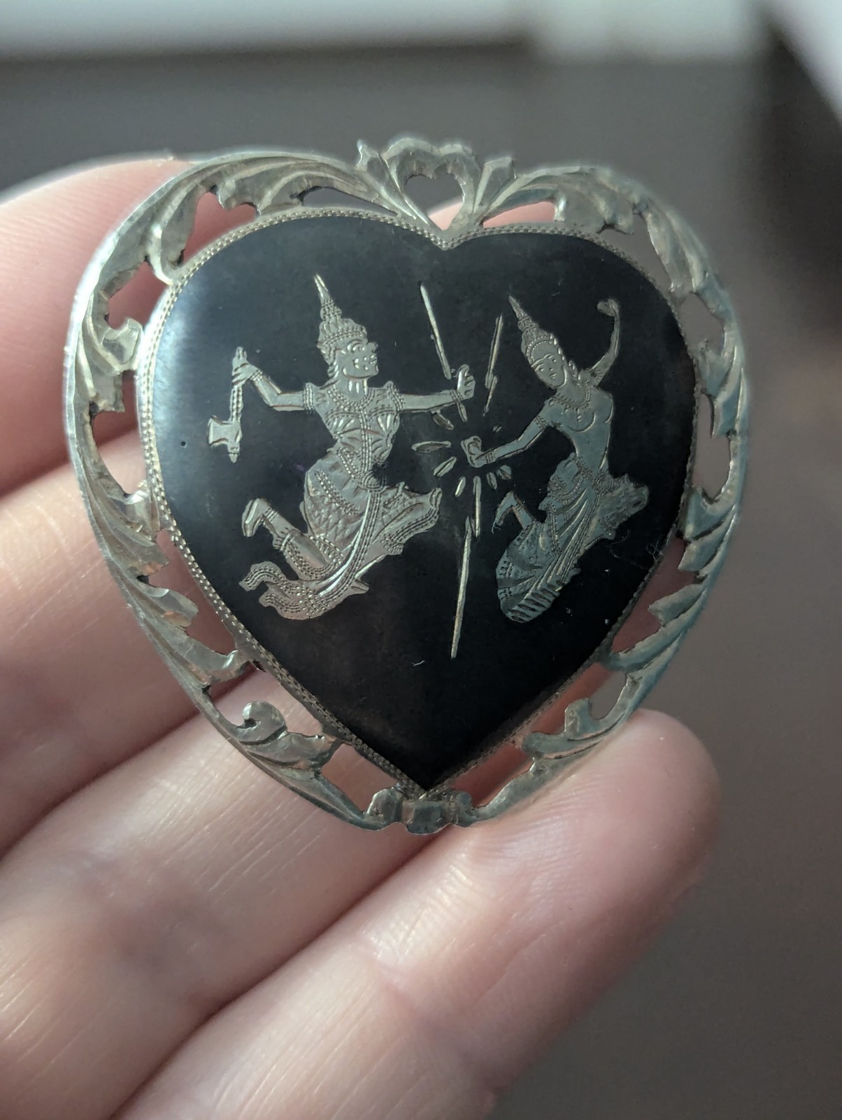 Vintage Siam Sterling Heart Black Niello Brooch Pin Lightning Goddess Love Art